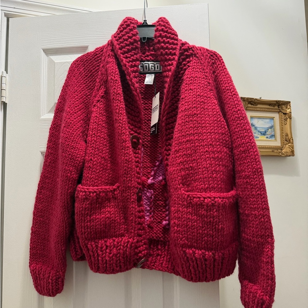 NWT New with Tags GOGO Sweaters Lake Girl Red Pink Wool Cardigan